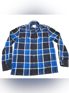 American Eagle Outfitters Navy, Royal Blue and White Plaid Button-Up Shirt SizeM